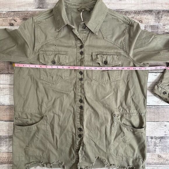 Free People Moonchild Distressed Denim Olive Green Raw Hem Jacket | Size Large - Picture 4 of 8